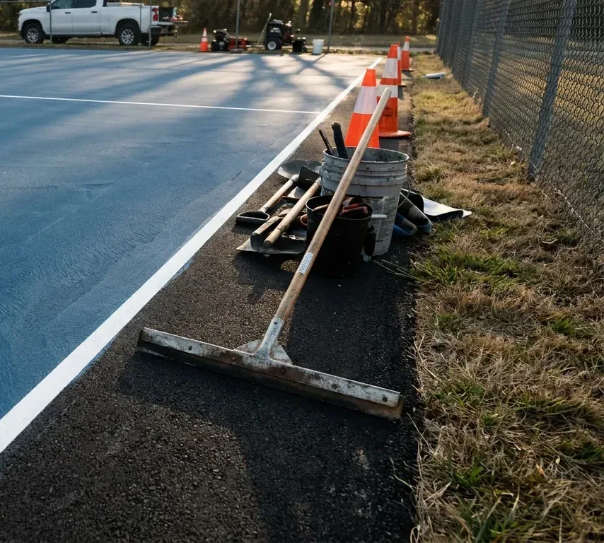 A freshly painted blue acrylic court surface with a crisp white line and a squeegee at its edge