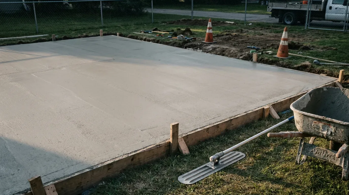 A bare new concrete slab for a court, still in its wooden forms, with a float and wheelbarrow beside it