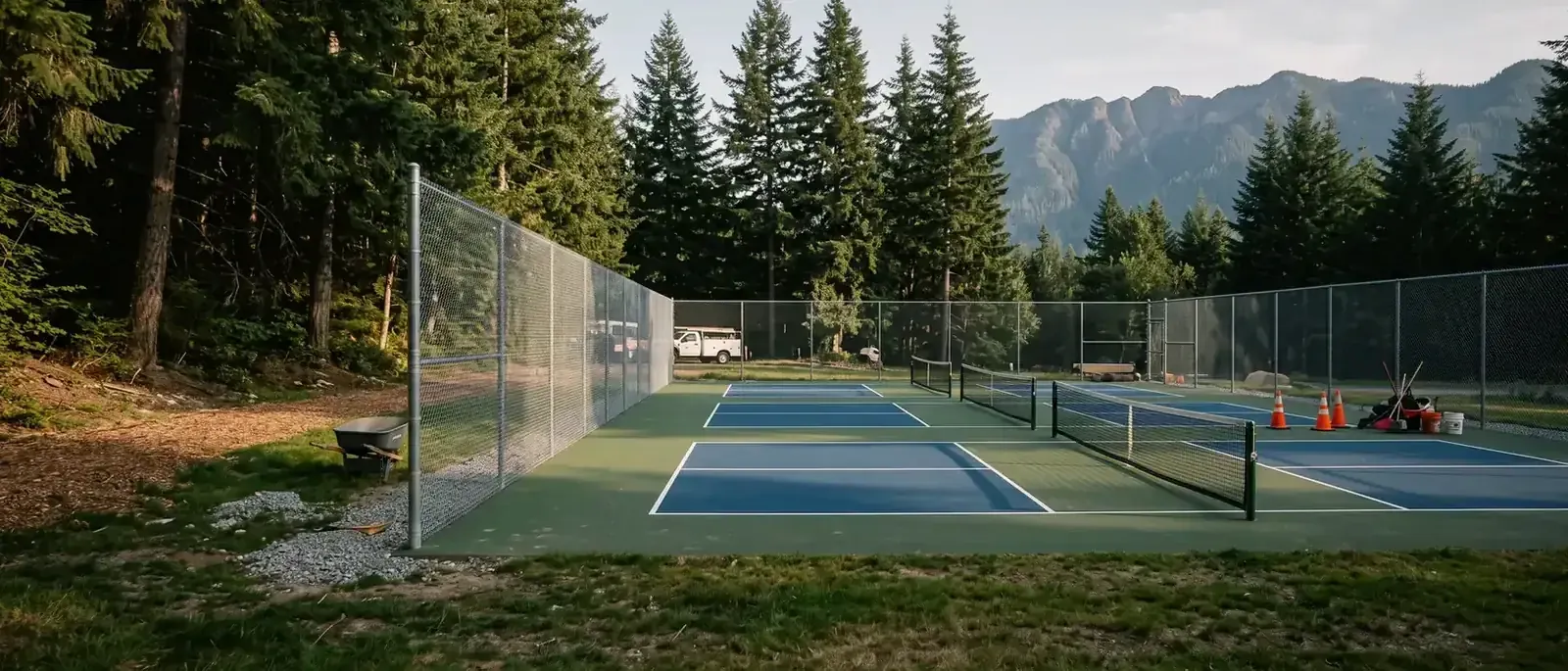 A pickleball court on a wooded lot with evergreen trees and mountains beyond