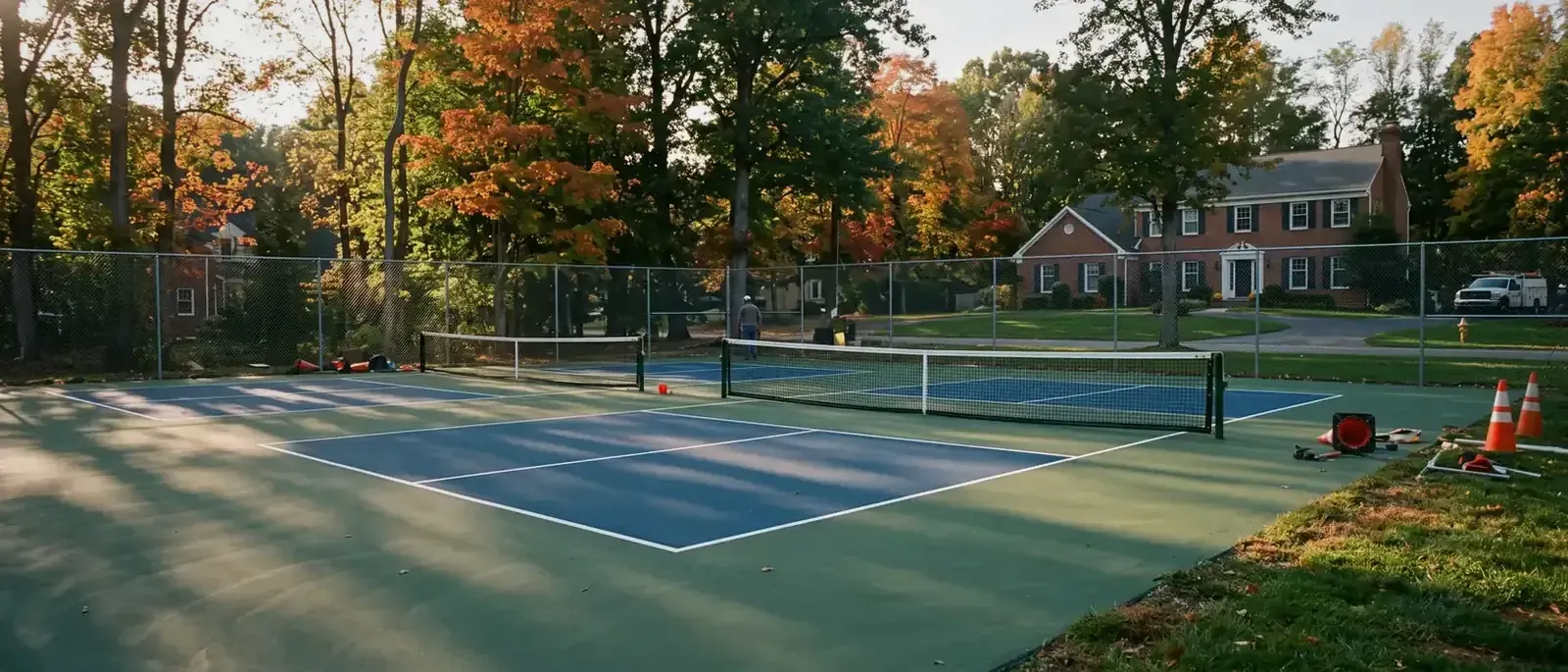 A backyard pickleball court among maple and oak trees beside a brick house