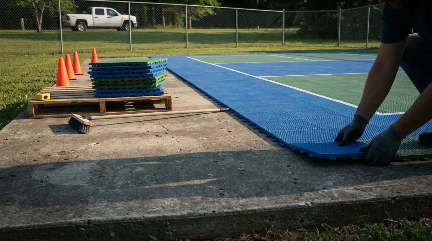 Gloved hands clicking blue and green court tiles together on a concrete slab