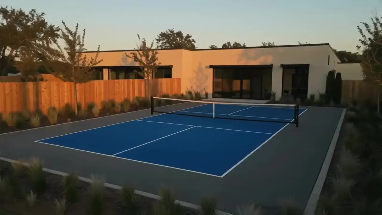 A finished backyard pickleball court beside a modern house at sunset